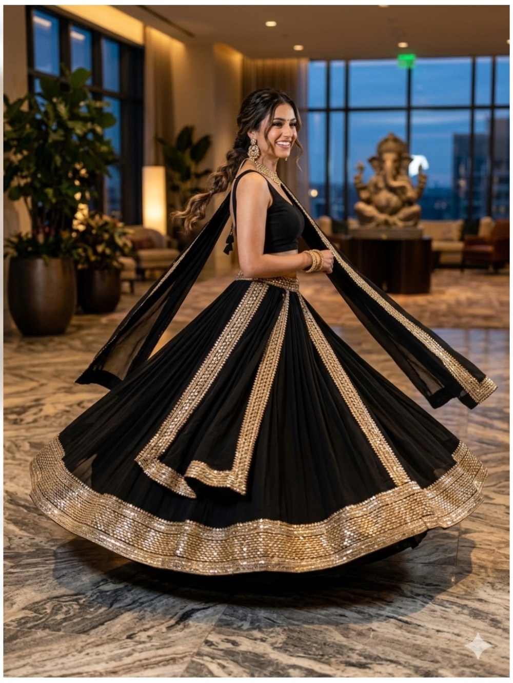 Elegant Black Womens Dress with Gold Embellished Hem